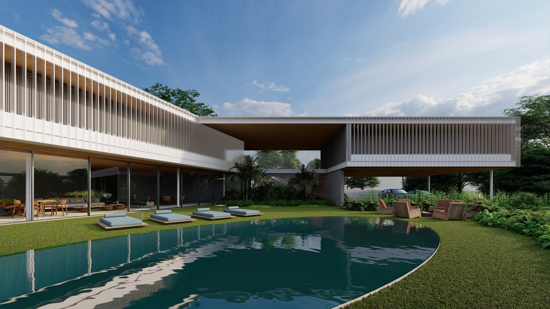 Vista piscinas da Casa Miró projetada pela Sabella Arquitetura em Bragança Paulista.